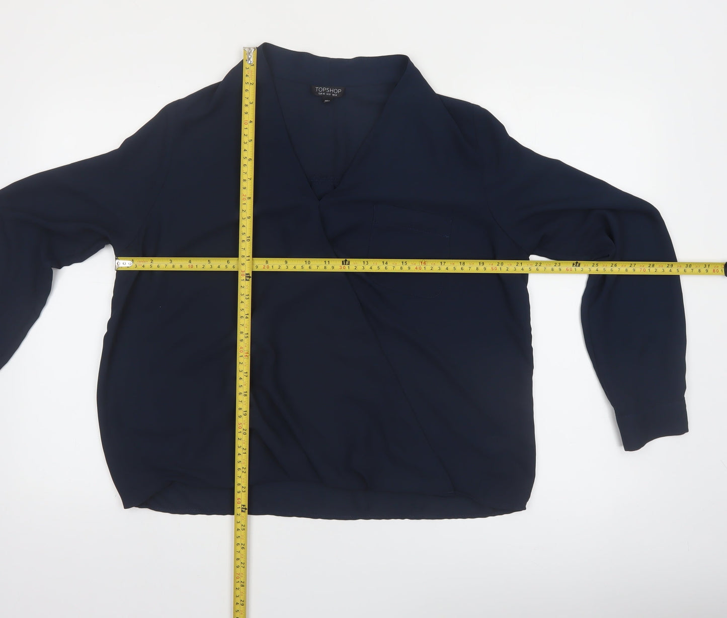 Topshop Women Blue Wrap Blouse Size 12 Long Sleeve V-Neck