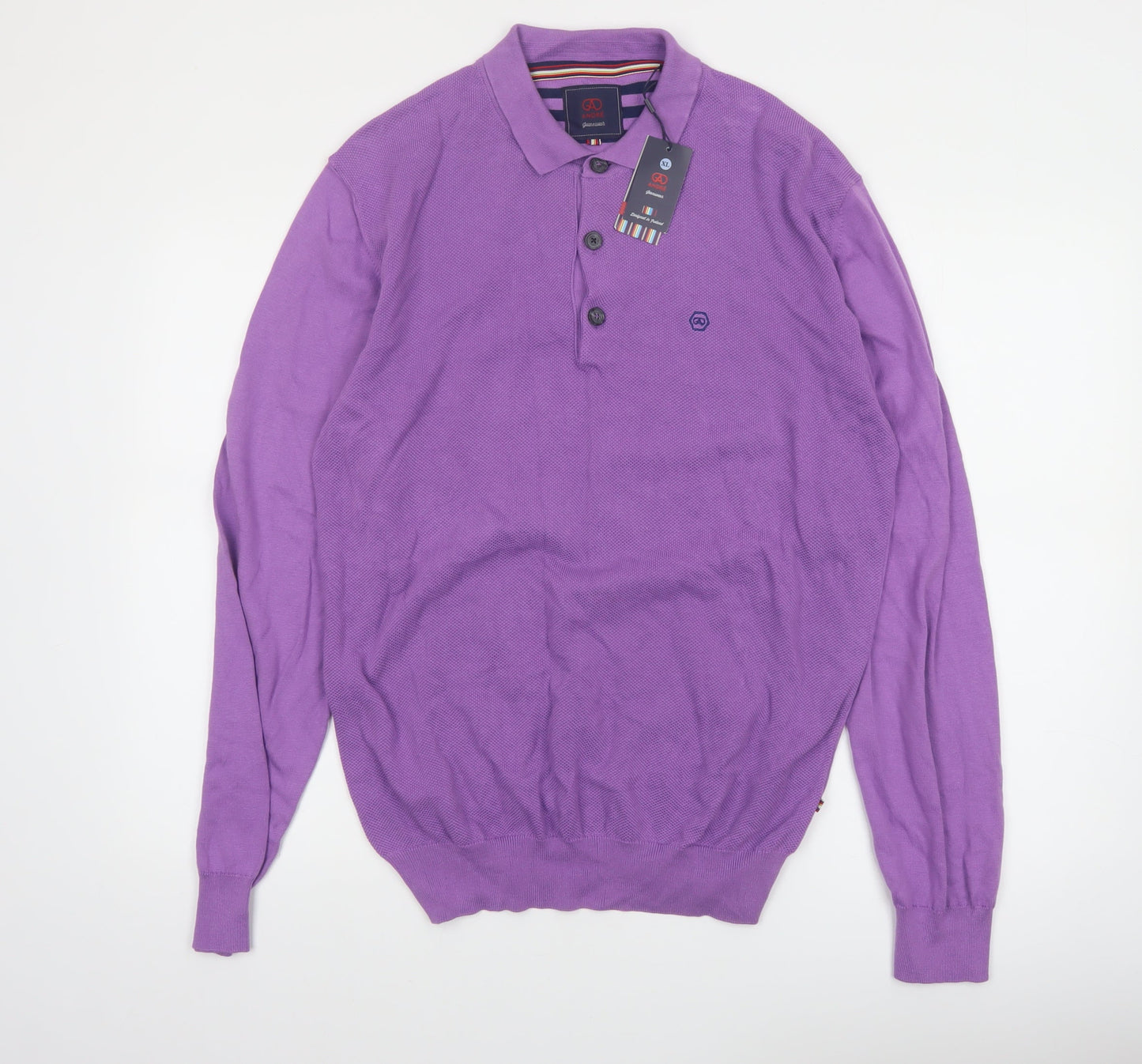 André Mens Purple XL Long Sleeve 100% Cotton Polo Shirt