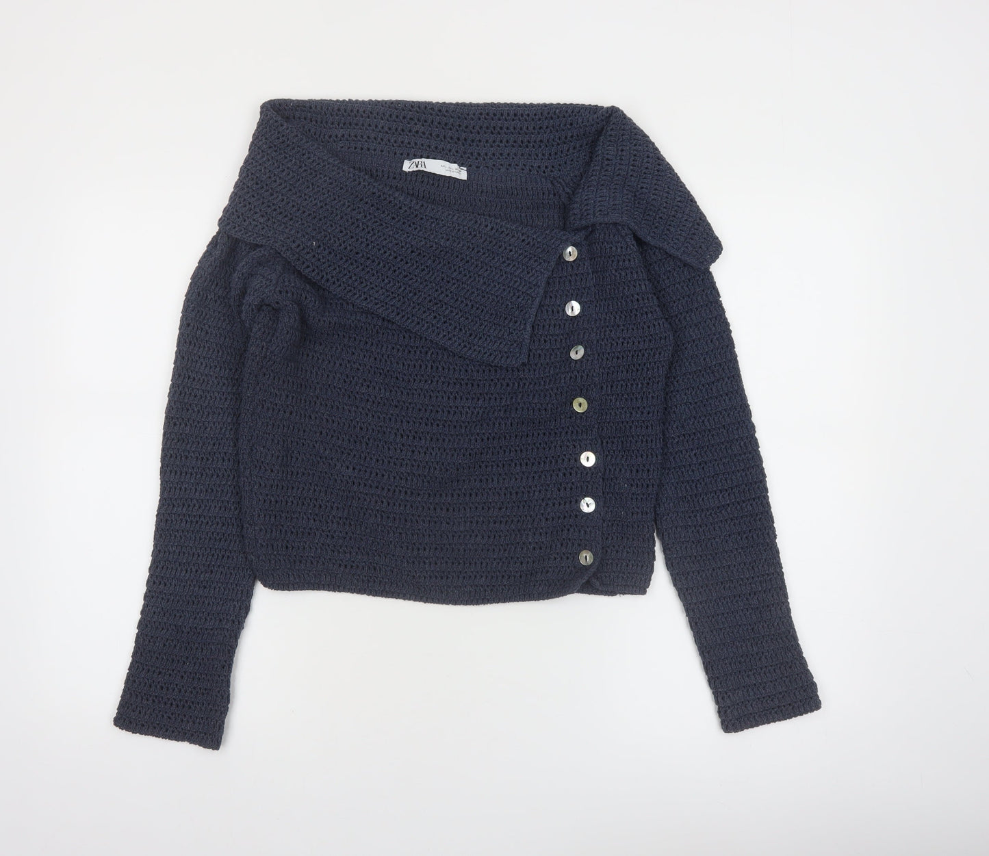 Zara Women Navy Blue Crochet Cardigan L Long Sleeve Button Knit