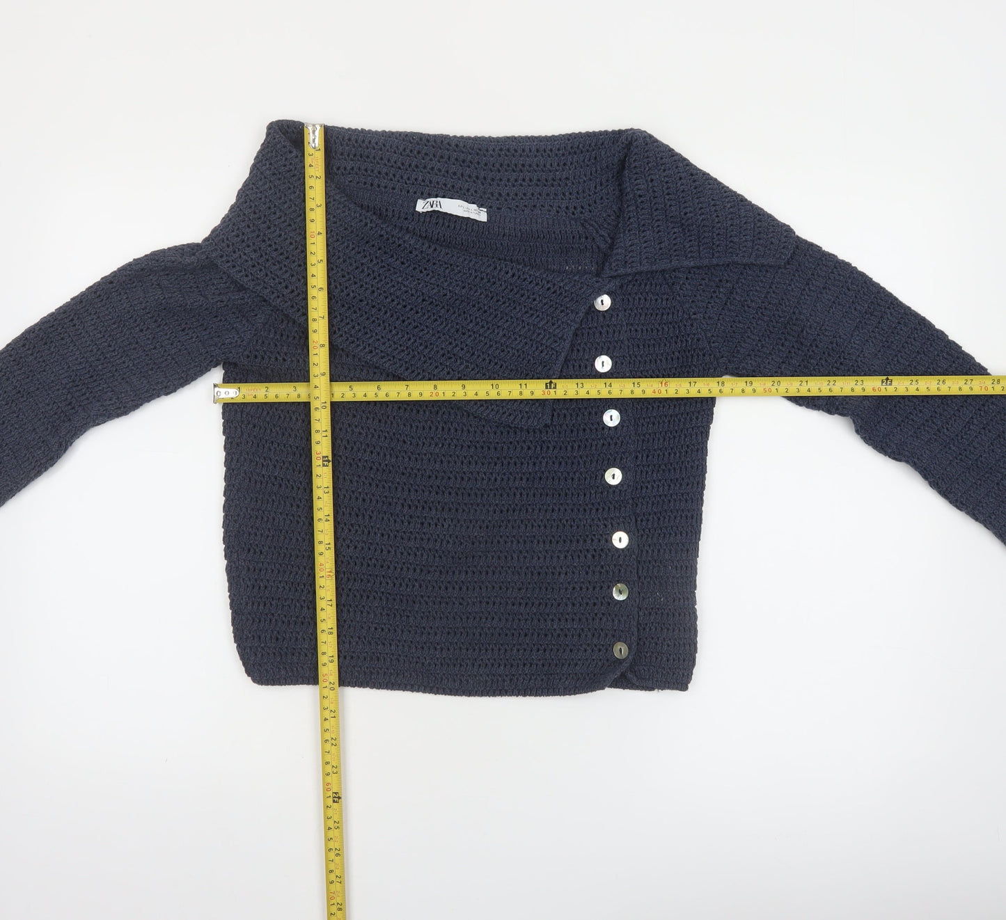 Zara Women Navy Blue Crochet Cardigan L Long Sleeve Button Knit