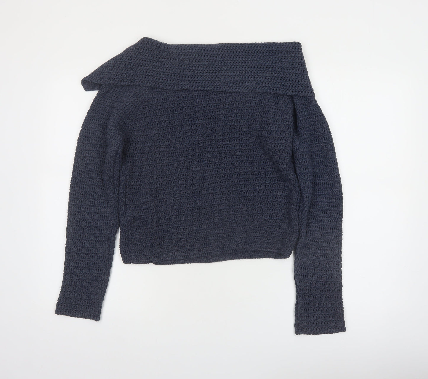 Zara Women Navy Blue Crochet Cardigan L Long Sleeve Button Knit