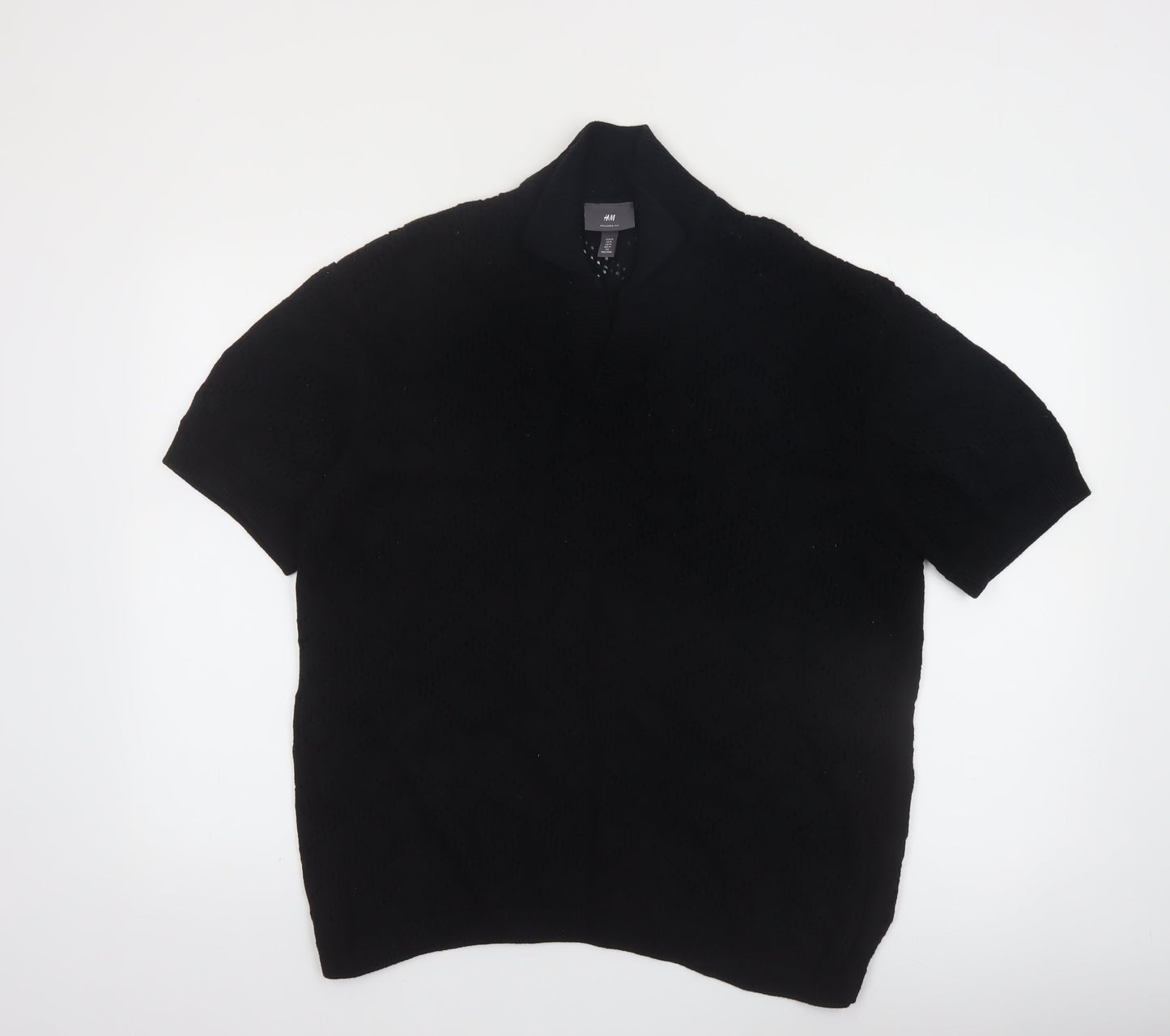 H&M Men's Black Relaxed Fit Cotton Short Sleeve Henley Jumper M
