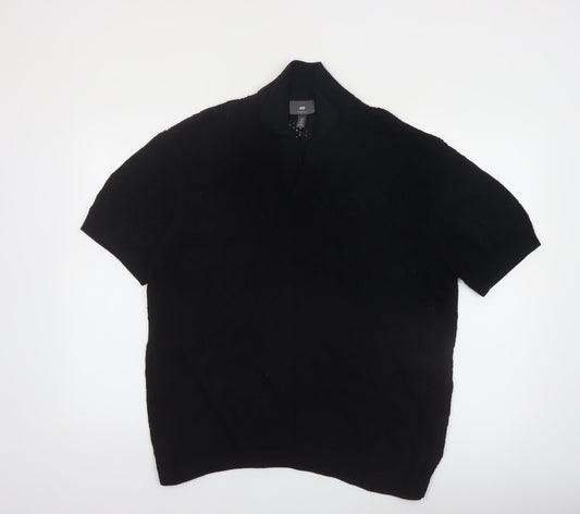 H&M Men's Black Relaxed Fit Cotton Short Sleeve Henley Jumper M