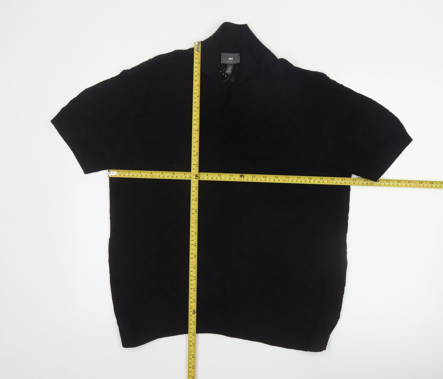 H&M Men's Black Relaxed Fit Cotton Short Sleeve Henley Jumper M