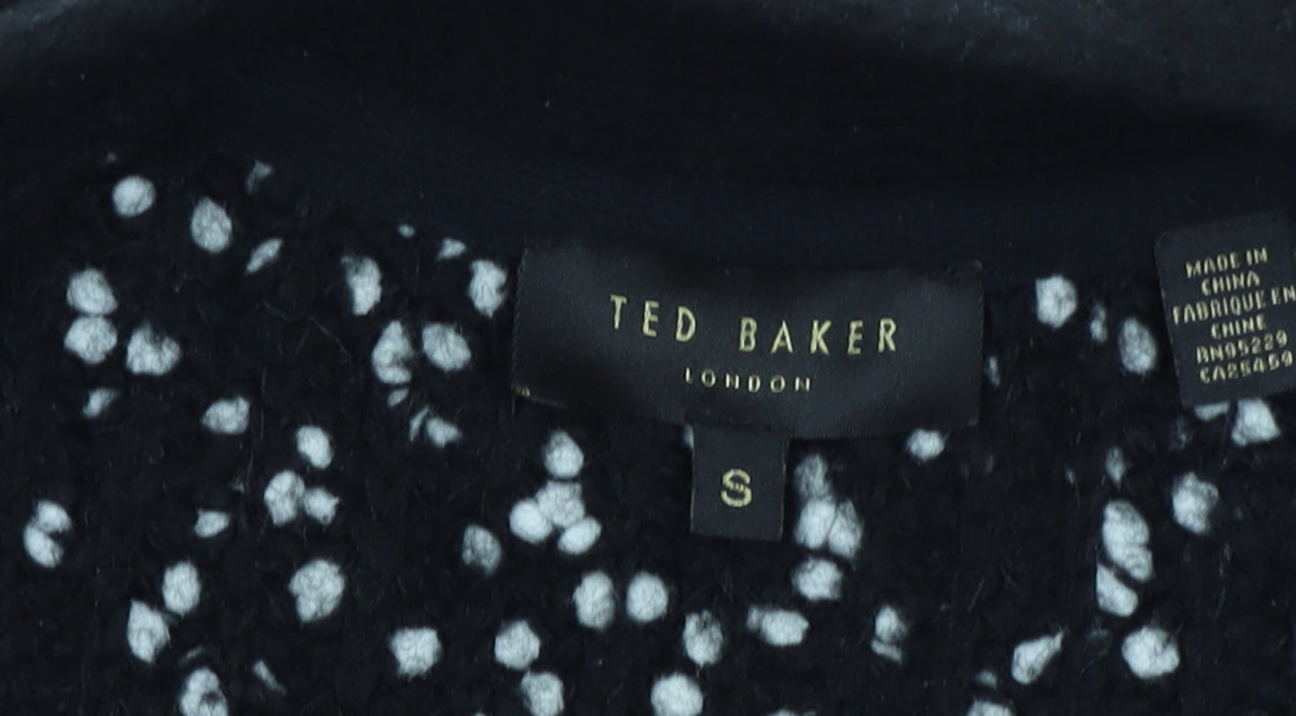Ted Baker Women's Black White Cardigan S Open-Knit Bouclé Relaxed