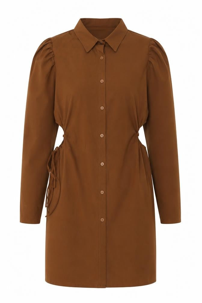 Boohoo Women Brown Size 16 Long Sleeve Collared Shirt Dress
