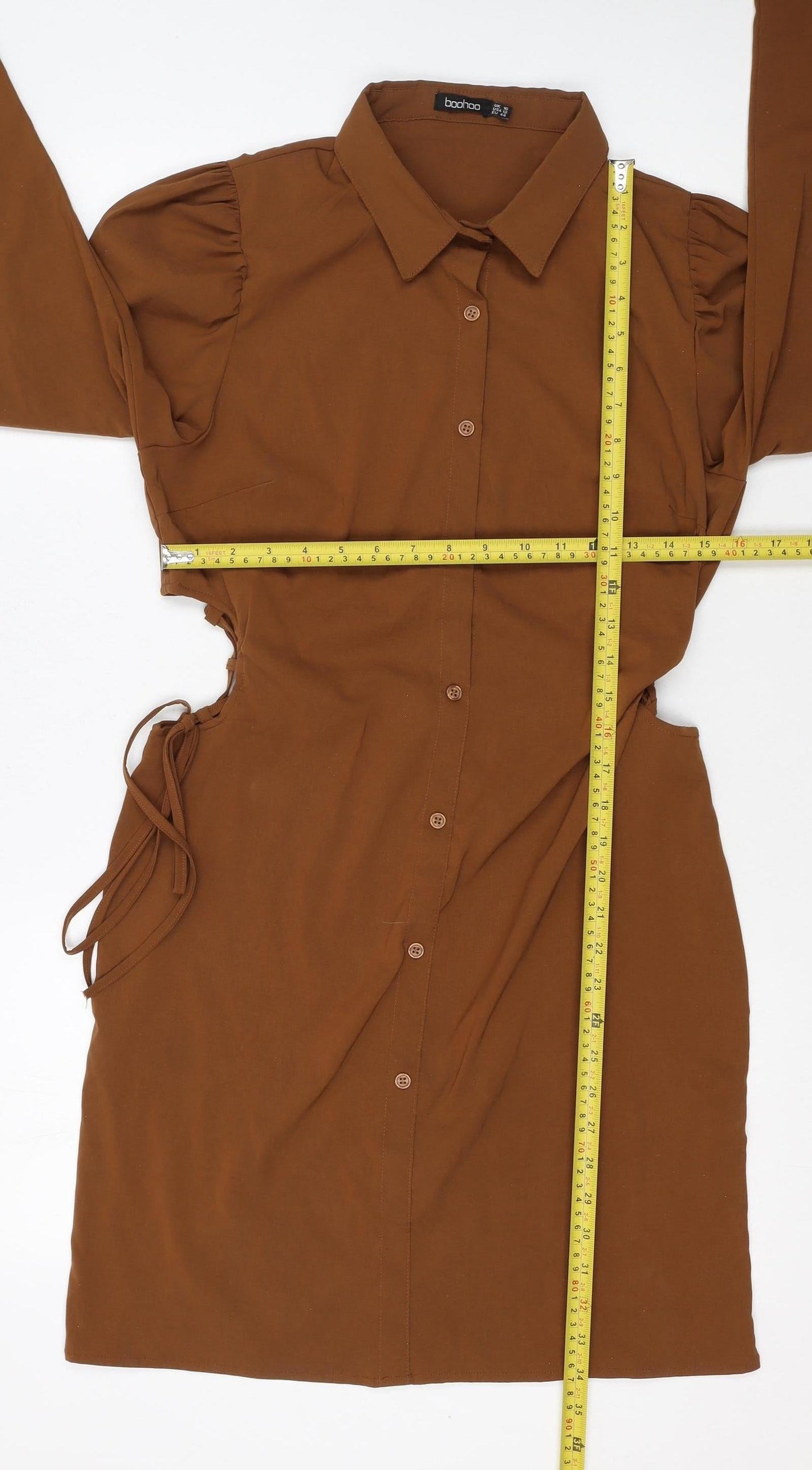Boohoo Women Brown Size 16 Long Sleeve Collared Shirt Dress