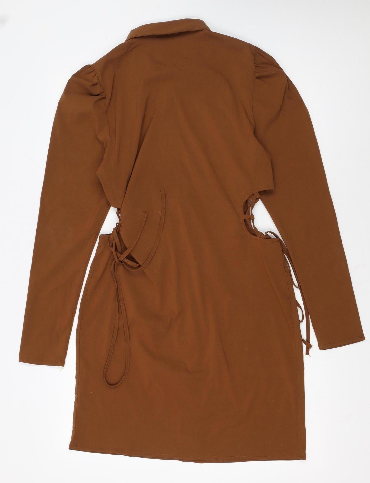 Boohoo Women Brown Size 16 Long Sleeve Collared Shirt Dress