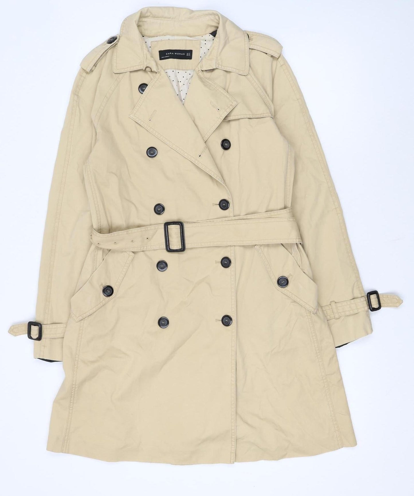 Zara Woman Beige Trench Coat Women's Size 12 Belted Cotton