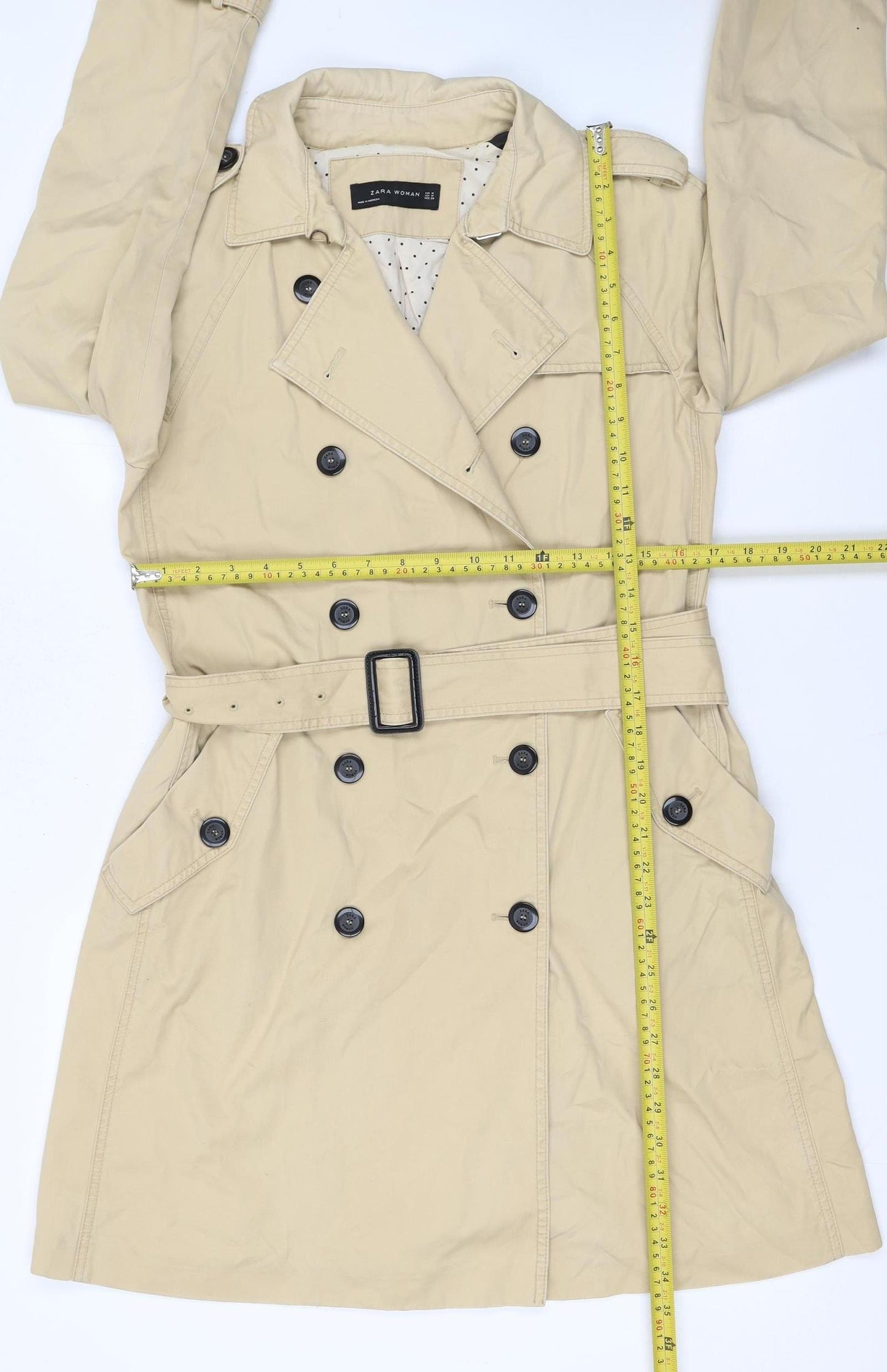 Zara Woman Beige Trench Coat Women's Size 12 Belted Cotton