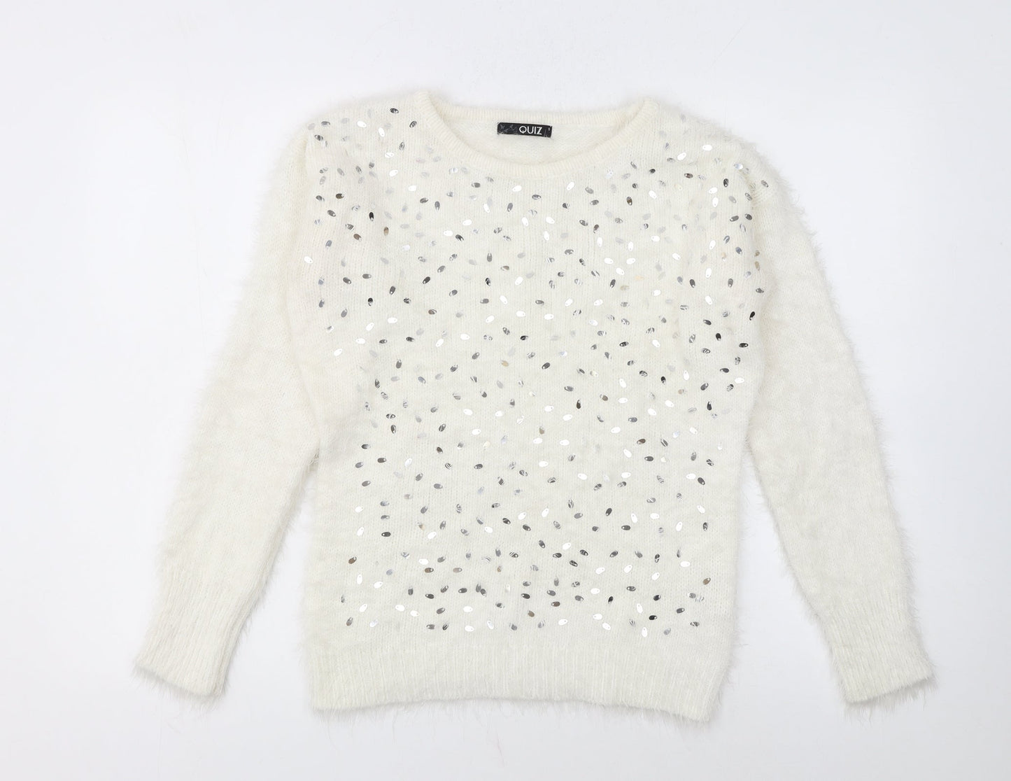 Quiz Womens Ivory Sequin Pullover Jumper Size S Long Sleeve Knit