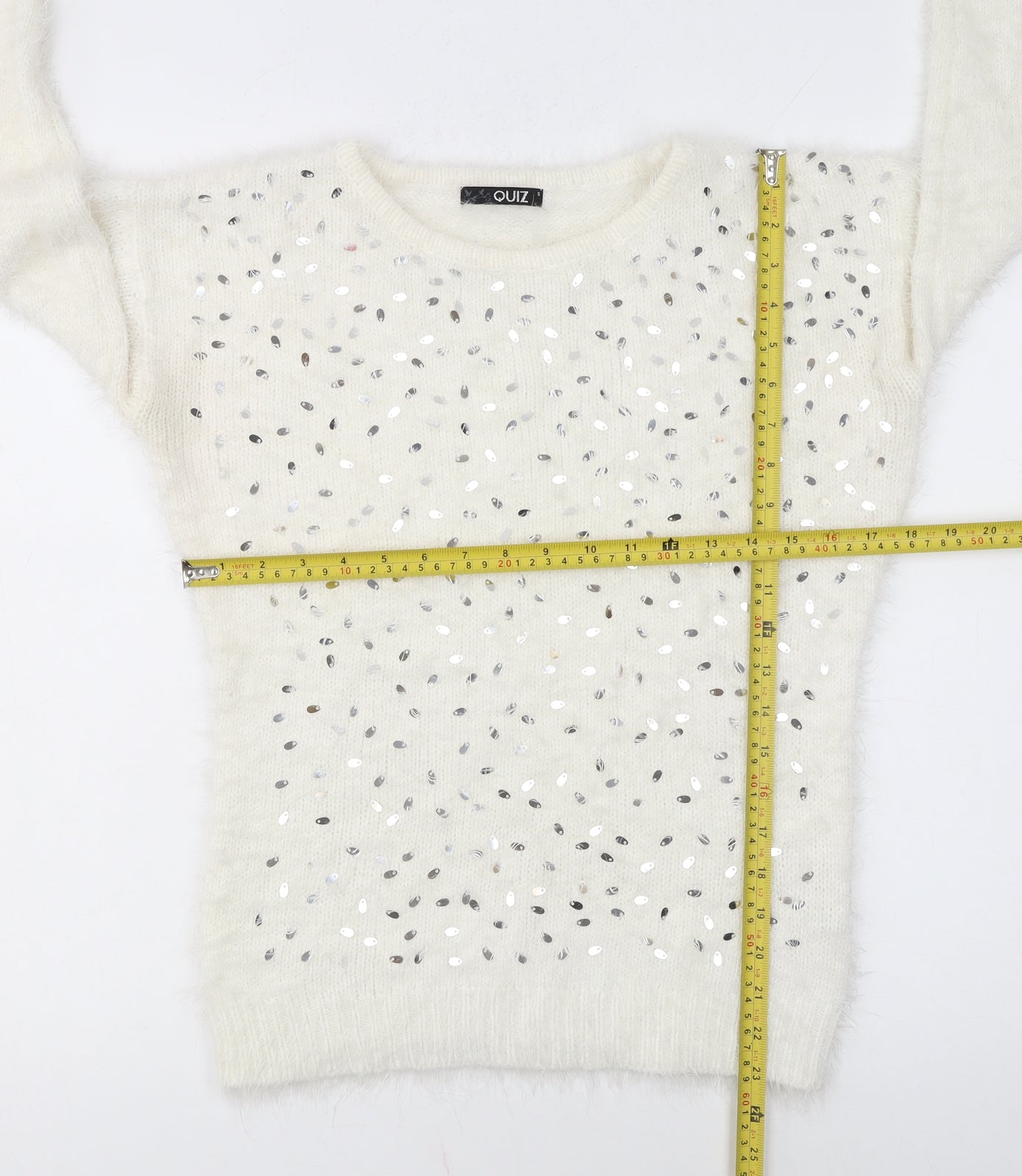 Quiz Womens Ivory Sequin Pullover Jumper Size S Long Sleeve Knit