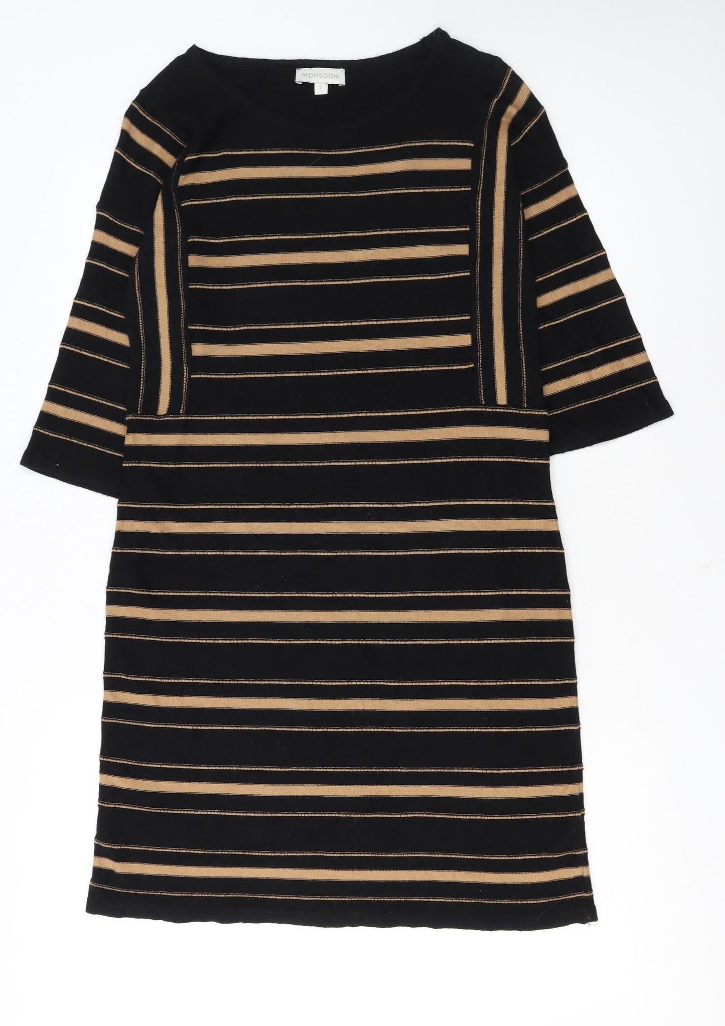 Monsoon Women Black Striped Shift Dress Size S 3/4 Sleeve Cotton