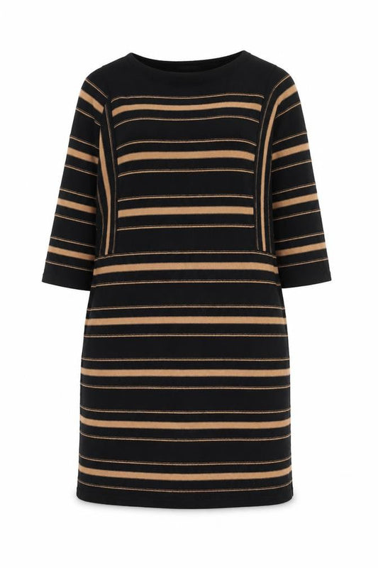 Monsoon Women Black Striped Shift Dress Size S 3/4 Sleeve Cotton