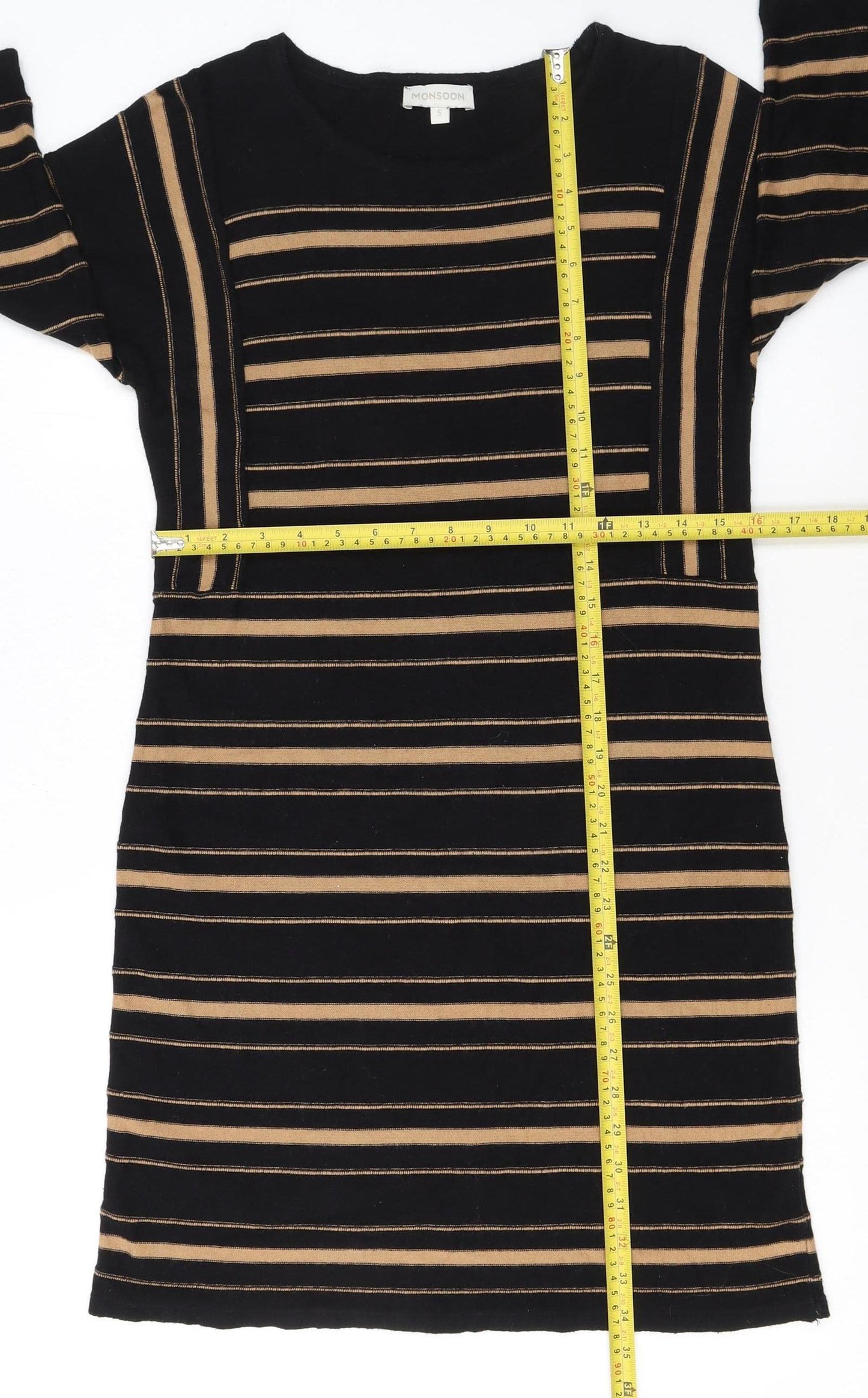 Monsoon Women Black Striped Shift Dress Size S 3/4 Sleeve Cotton