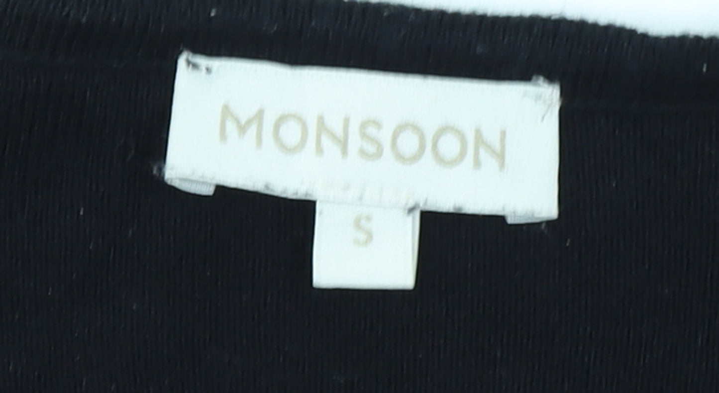 Monsoon Women Black Striped Shift Dress Size S 3/4 Sleeve Cotton