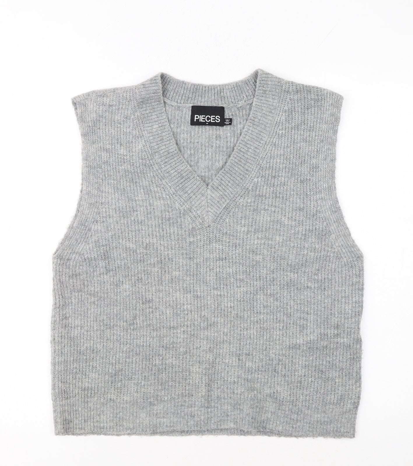 Pieces Women Grey Knit Sleeveless V-Neck Vest Jumper Size M
