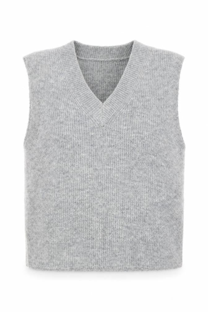Pieces Women Grey Knit Sleeveless V-Neck Vest Jumper Size M