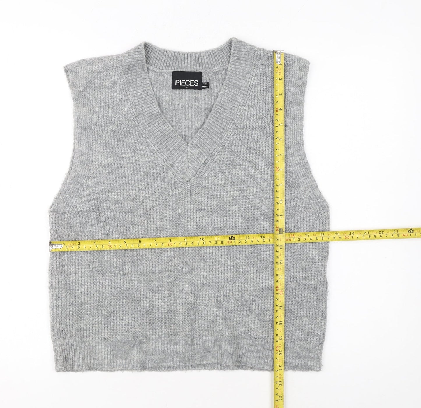 Pieces Women Grey Knit Sleeveless V-Neck Vest Jumper Size M