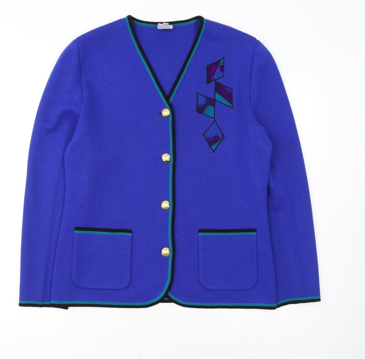 C&D Women’s Blue Wool Cardigan Size 12 V-Neck Geometric Classic Knit