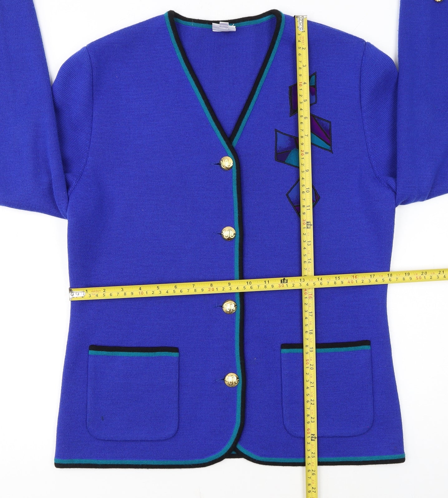 C&D Women’s Blue Wool Cardigan Size 12 V-Neck Geometric Classic Knit