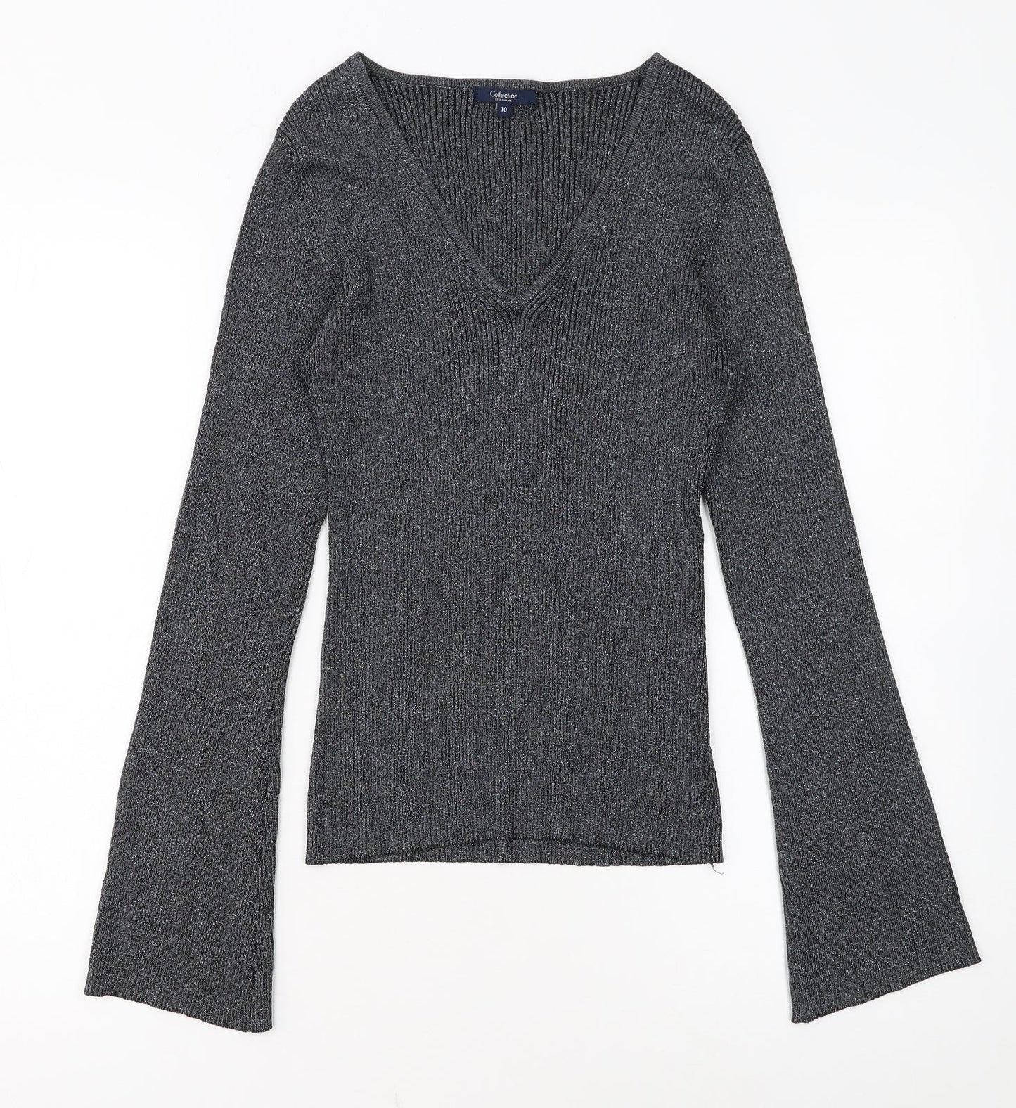 Debenhams Women Grey Size 10 V-Neck Knit Pullover Jumper
