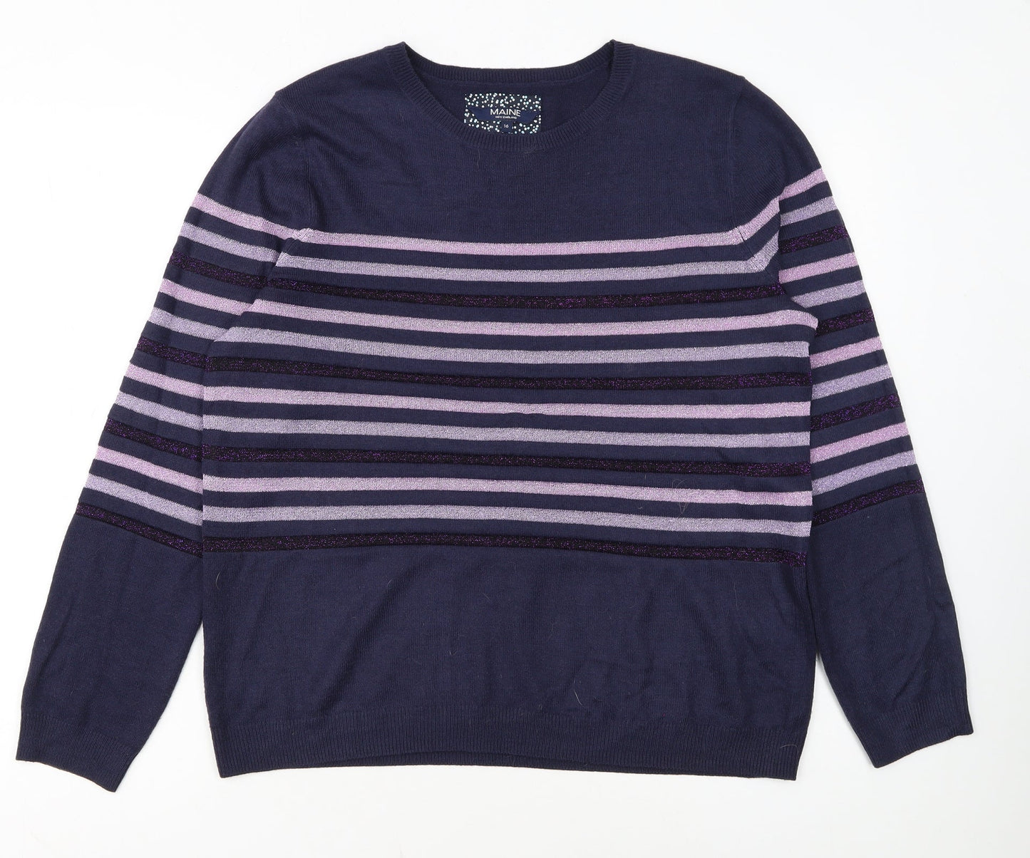 Maine New England Womens Blue Stripe Crew Neck Jumper Size 16
