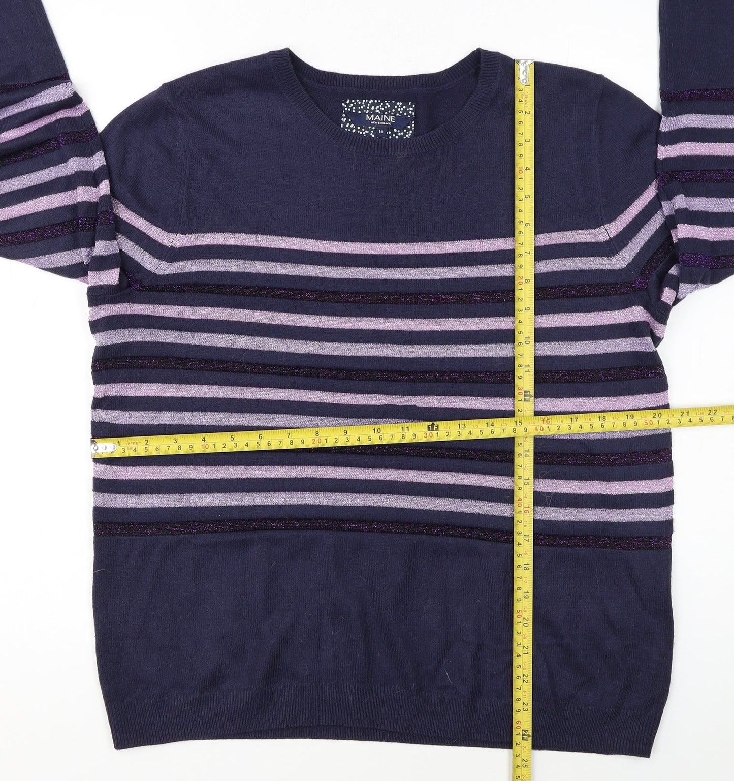 Maine New England Womens Blue Stripe Crew Neck Jumper Size 16