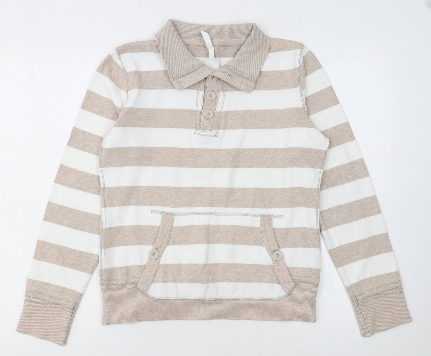 Marks and Spencer Women Beige Striped Henley Sweatshirt UK 10 Cotton