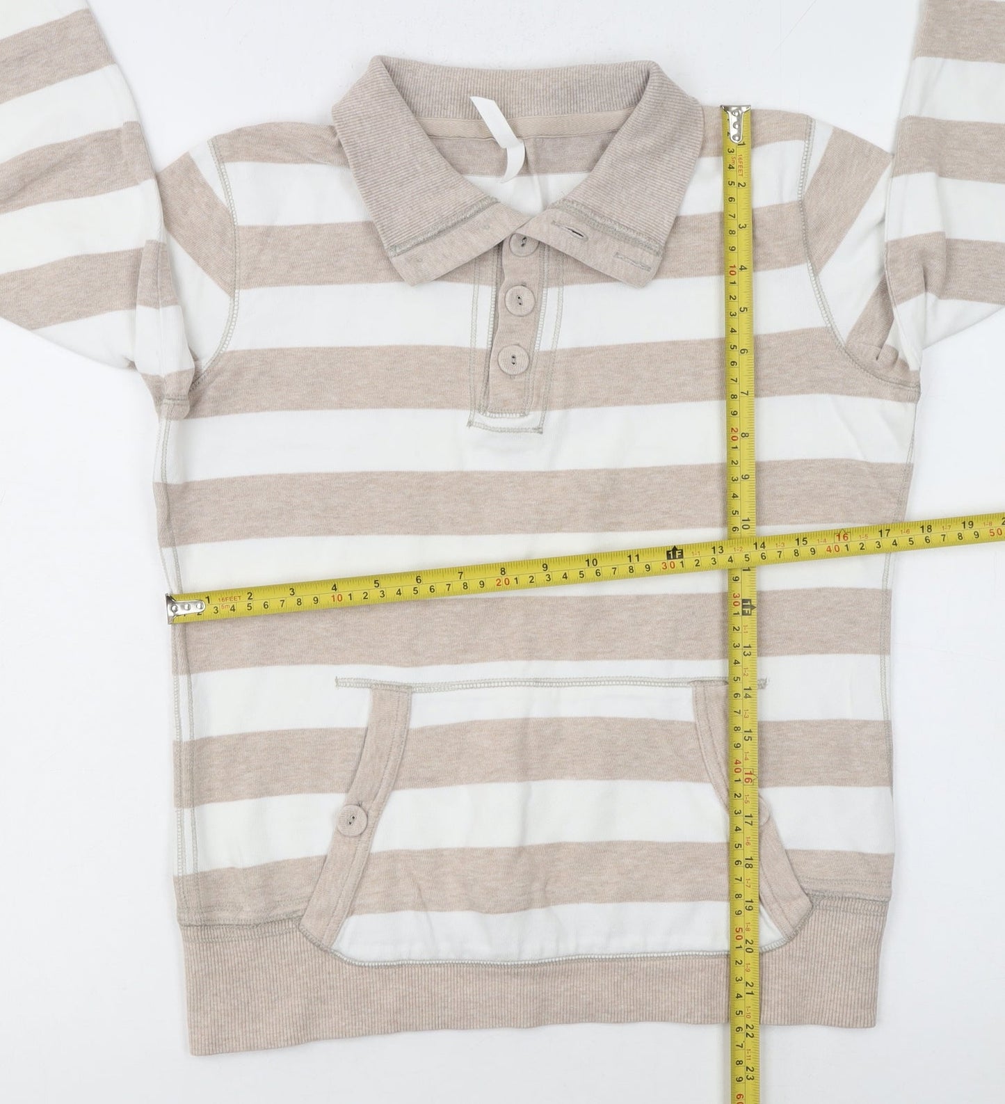 Marks and Spencer Women Beige Striped Henley Sweatshirt UK 10 Cotton
