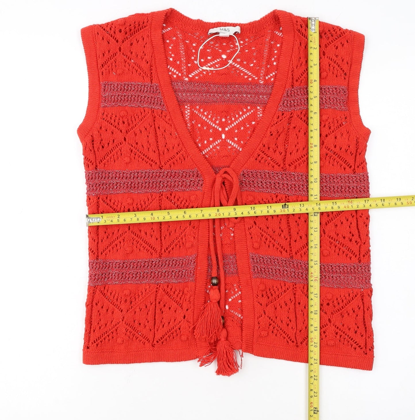 Marks and Spencer Women Red Crochet Open Knit Tassel Vest S