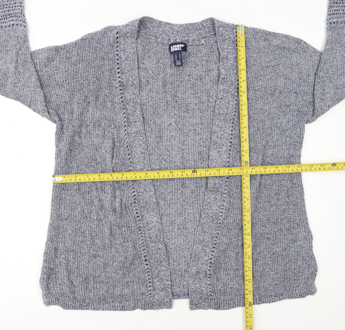 Lands' End Women's Blue Knit Open Cardigan Size M Linen Cotton