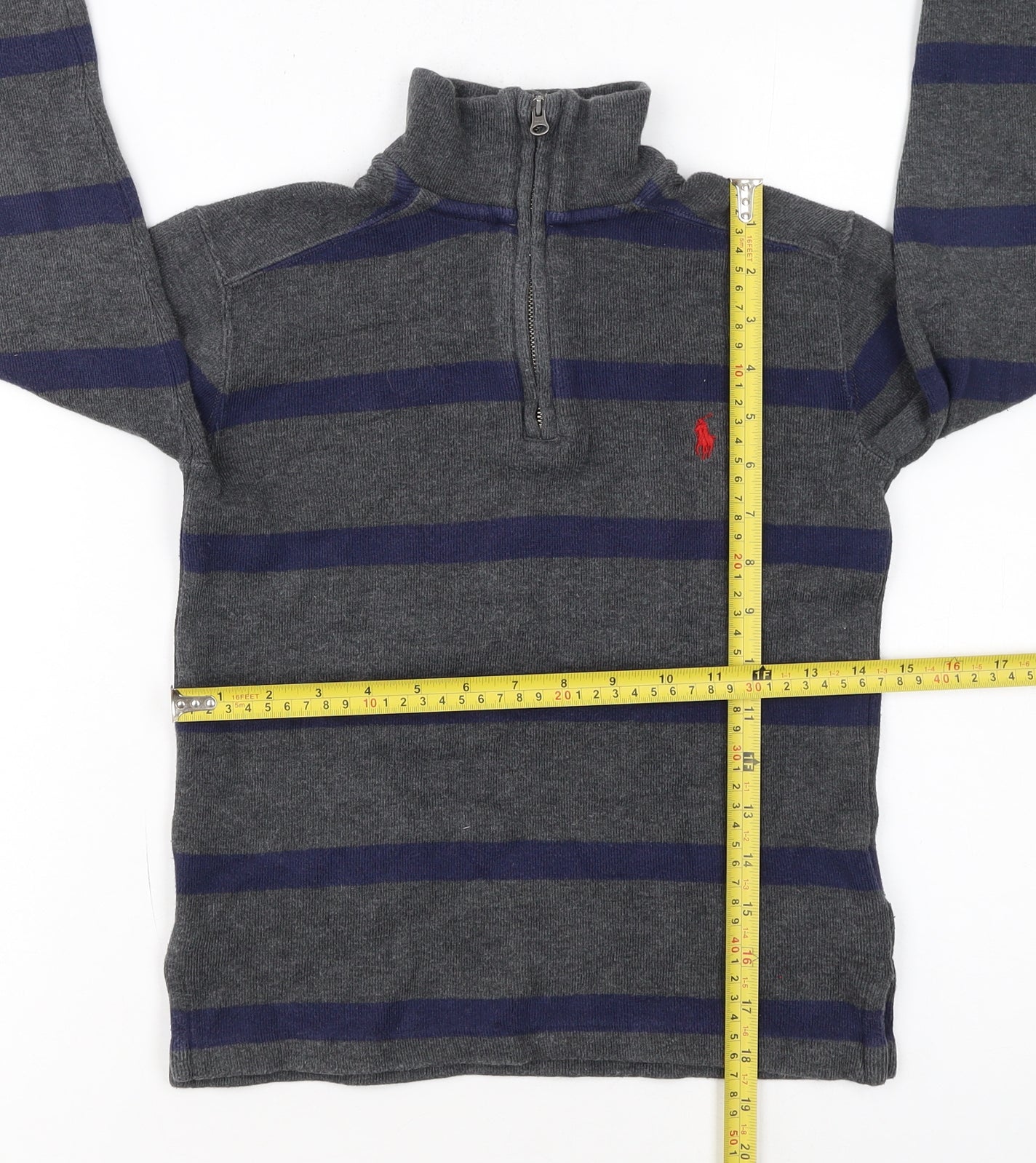 Ralph Lauren Boys Grey Striped 1/4 Zip Knit Sweatshirt Size 8 Years