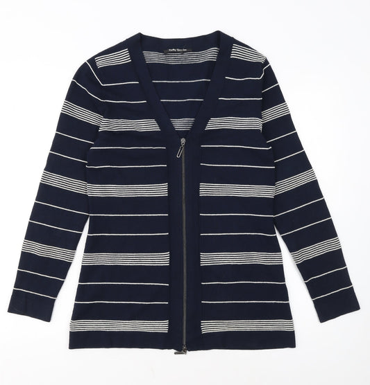 Betty Barclay Women Blue Striped Full Zip V-Neck Knit Jumper Size 12