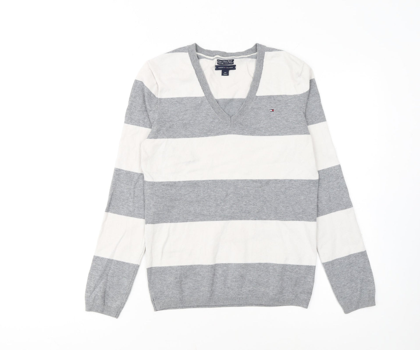 Tommy Hilfiger Men’s Grey Striped V-Neck Cotton Jumper Size S