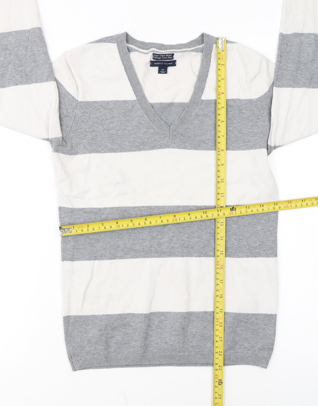 Tommy Hilfiger Men’s Grey Striped V-Neck Cotton Jumper Size S