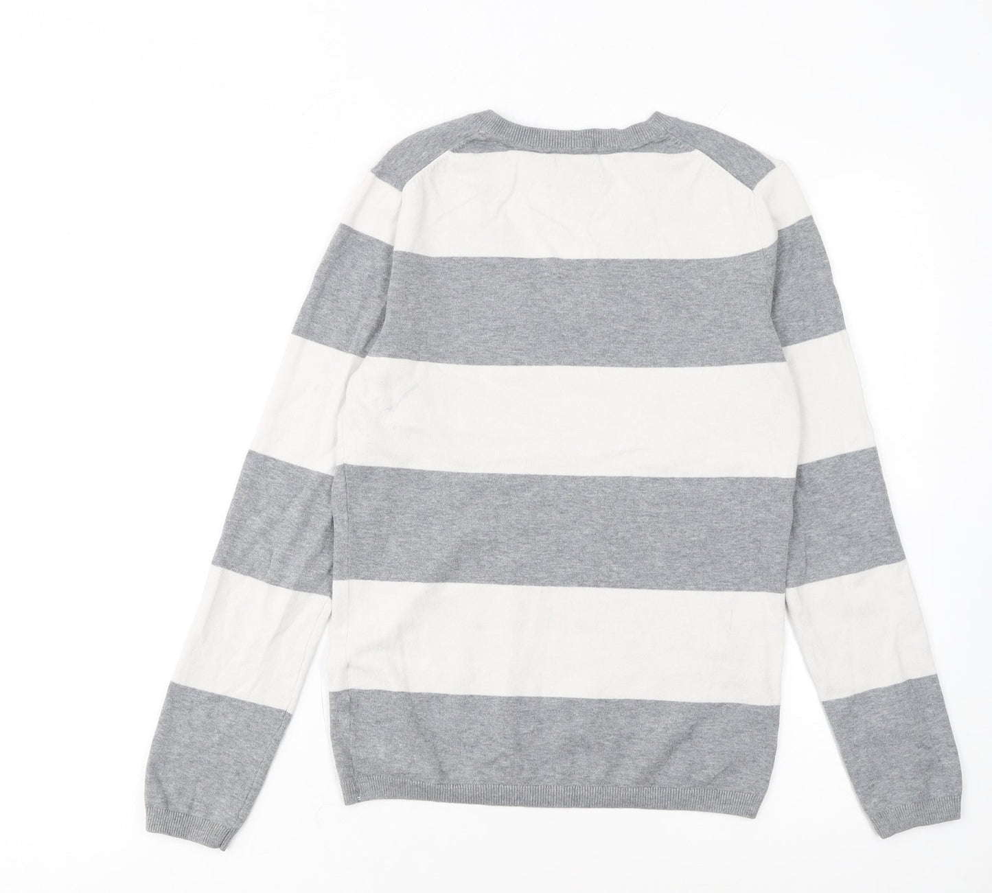 Tommy Hilfiger Men’s Grey Striped V-Neck Cotton Jumper Size S