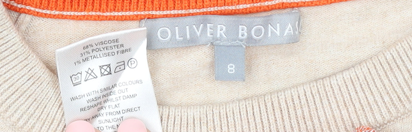 Oliver Bonas Womens Beige Crew Neck Knit Jumper Size 8