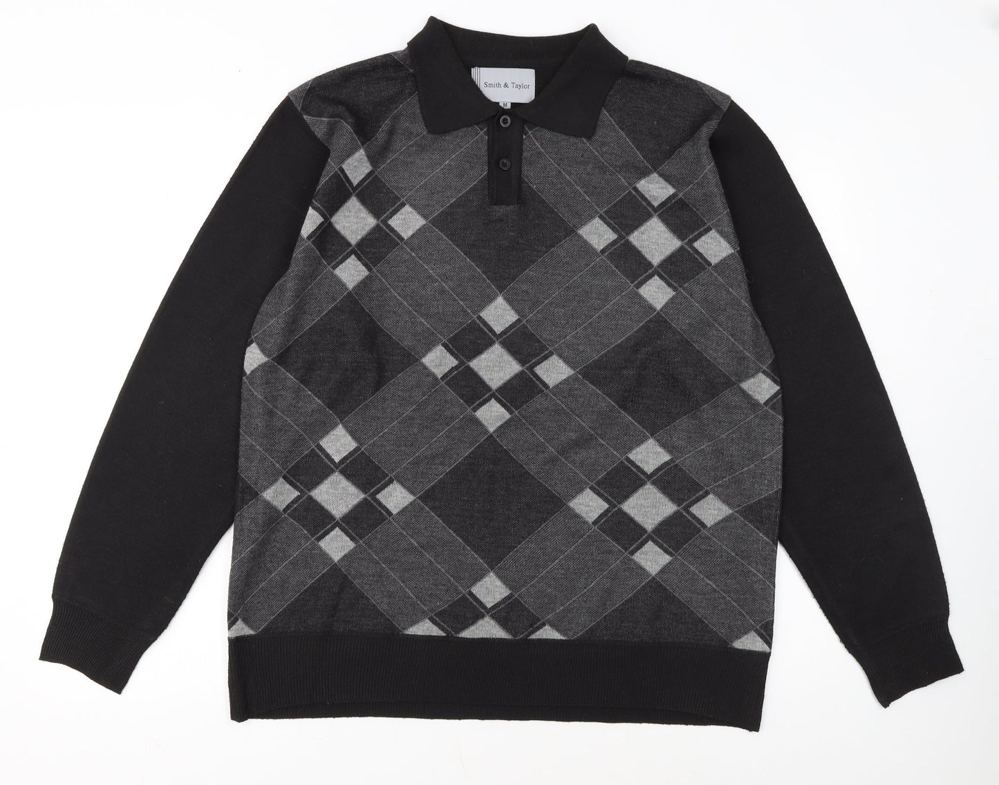 Smith & Taylor Men's Black Argyle Long Sleeve Polo - Size M