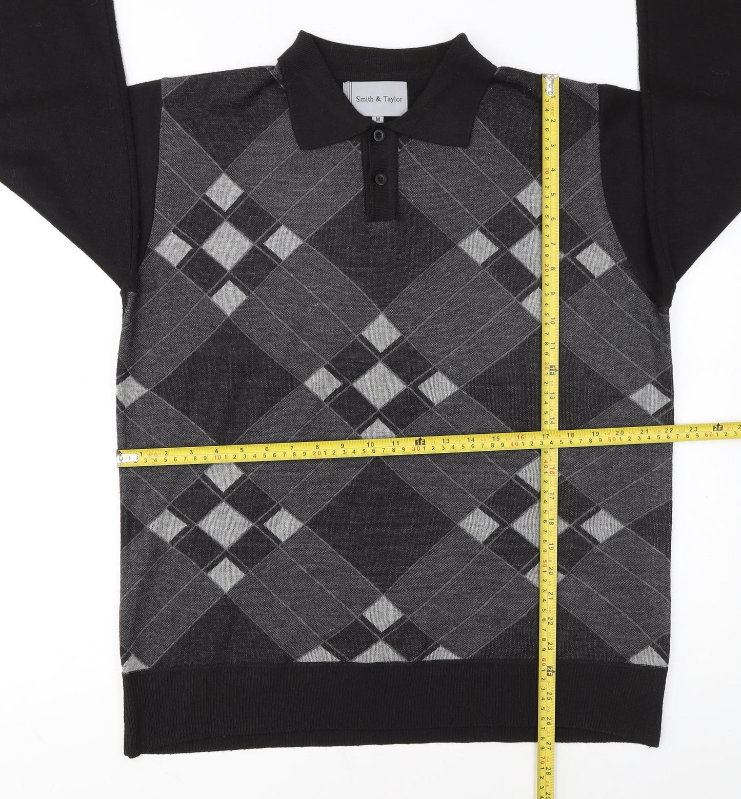 Smith & Taylor Men's Black Argyle Long Sleeve Polo - Size M