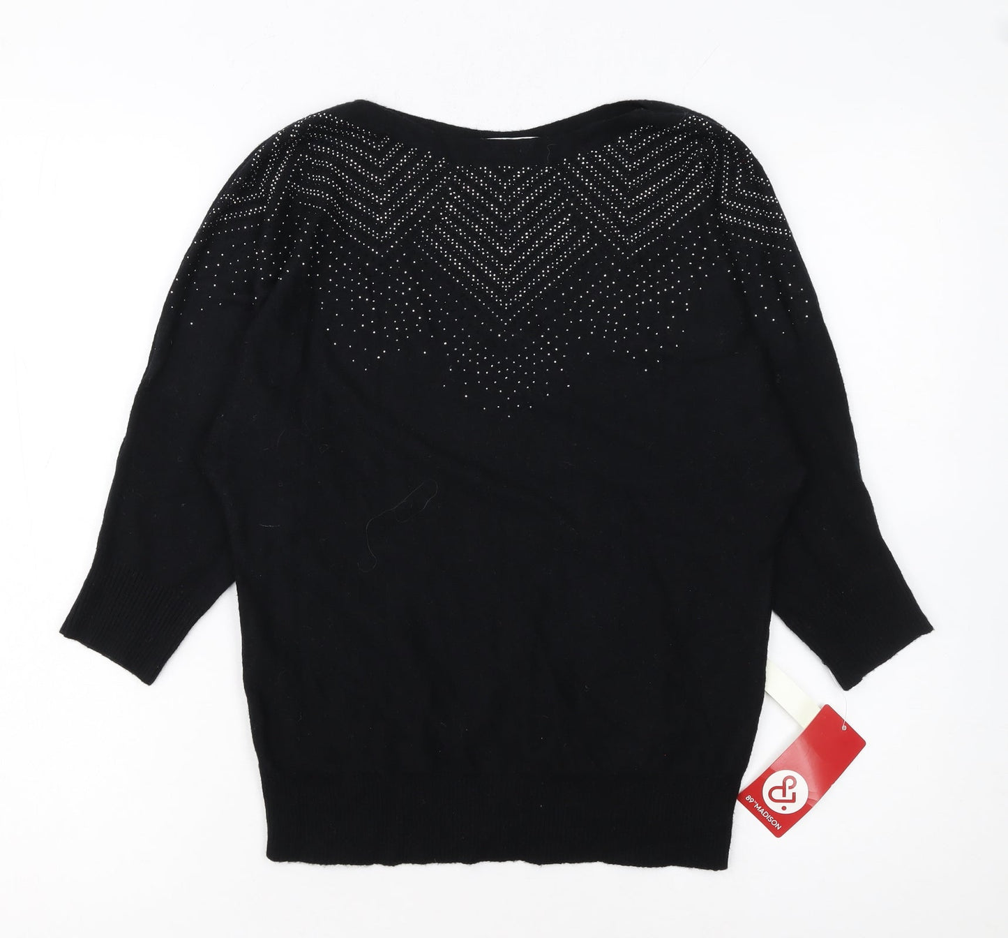 89th & Madison Womens Black Rhinestone Pullover Jumper Size S