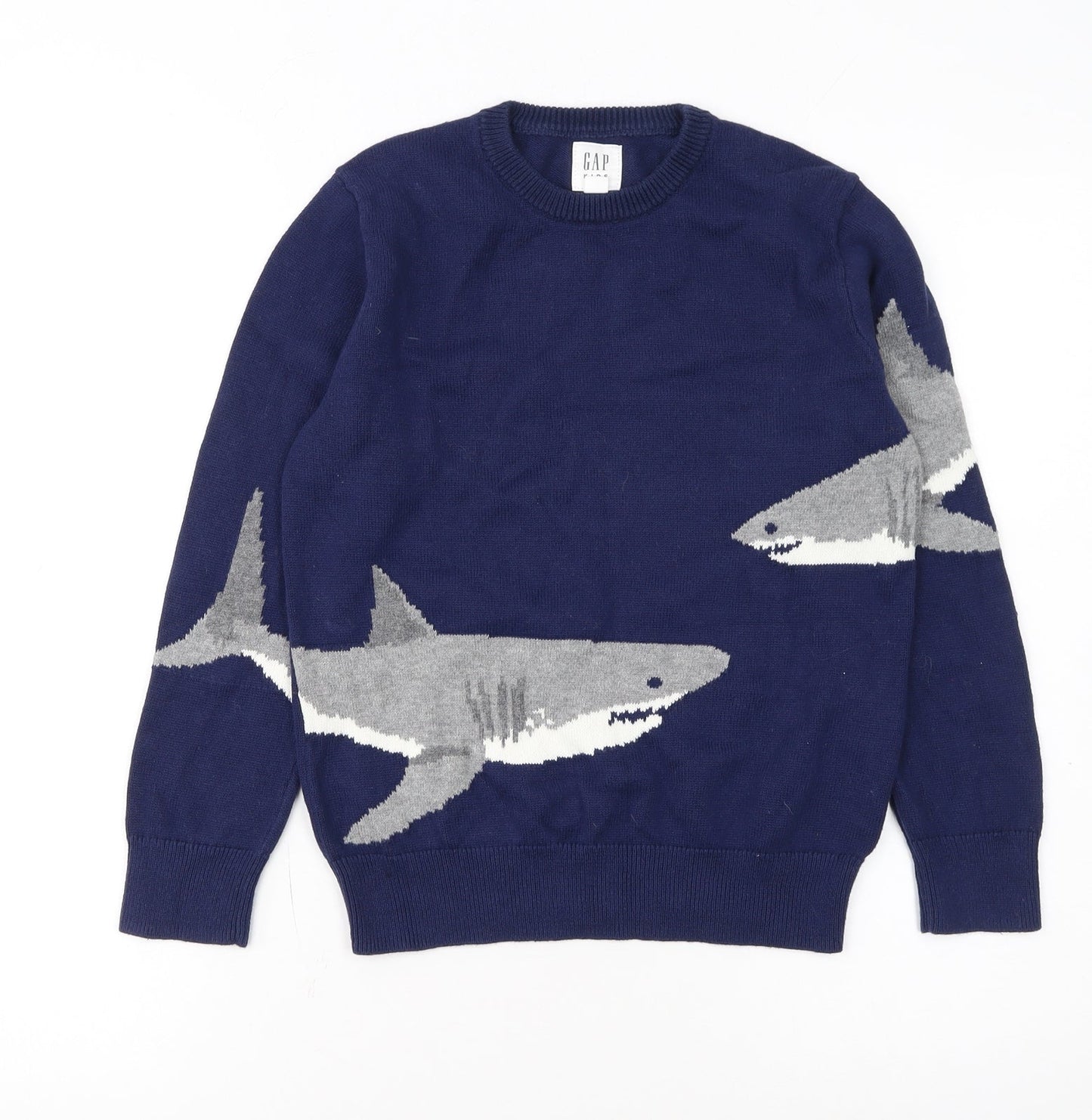 GAP Kids Boys Navy Blue Shark Graphic Cotton Pullover Jumper 8-9 Years