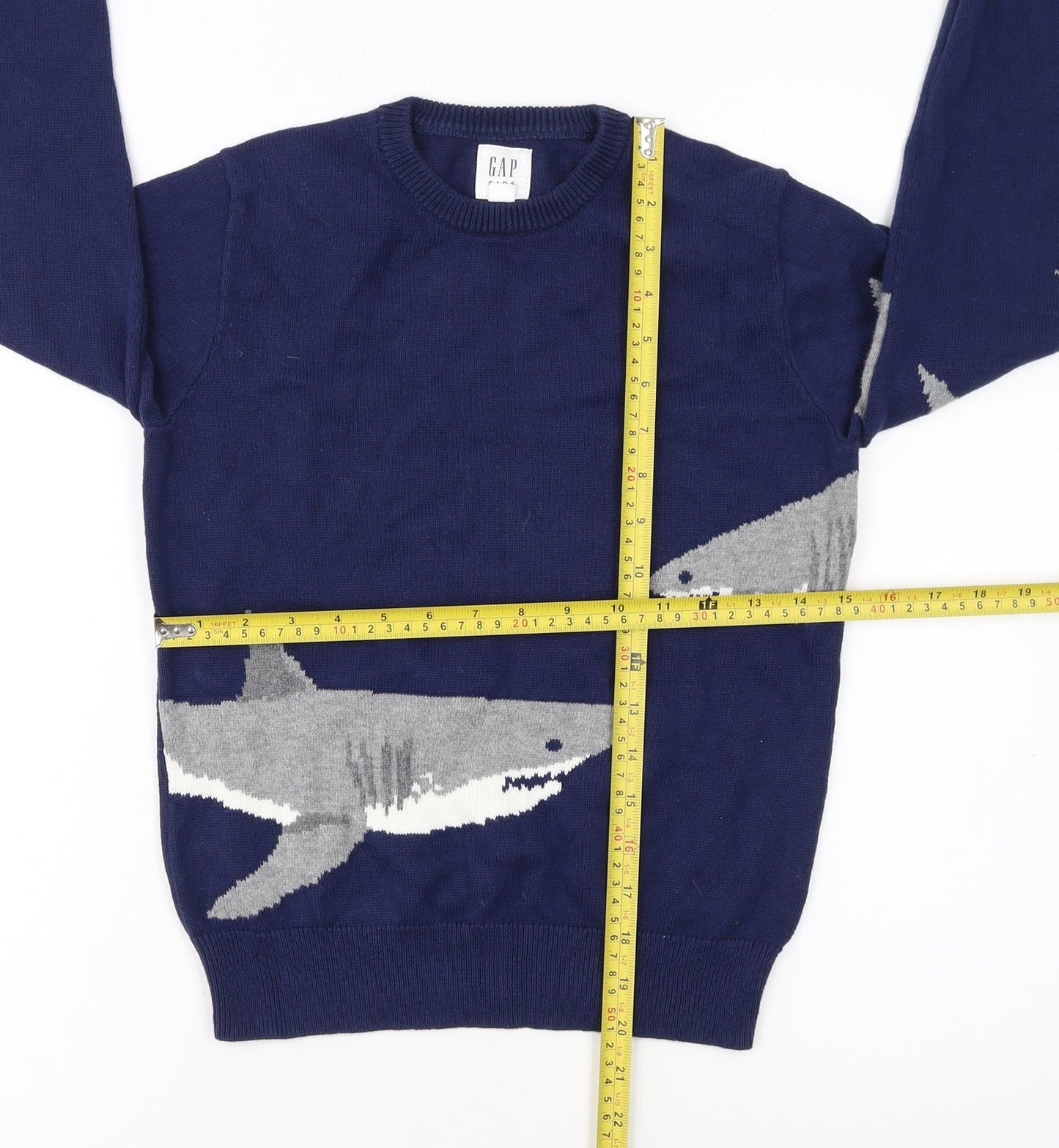 GAP Kids Boys Navy Blue Shark Graphic Cotton Pullover Jumper 8-9 Years