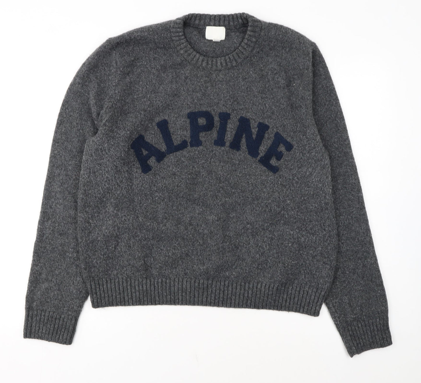 H&M Women Grey Wool Blend Pullover Jumper XL Crew Neck Alpine Logo
