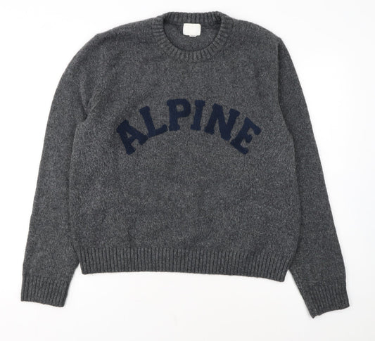 H&M Women Grey Wool Blend Pullover Jumper XL Crew Neck Alpine Logo