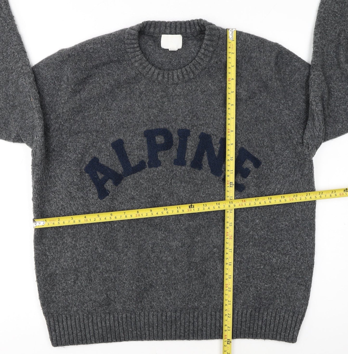 H&M Women Grey Wool Blend Pullover Jumper XL Crew Neck Alpine Logo