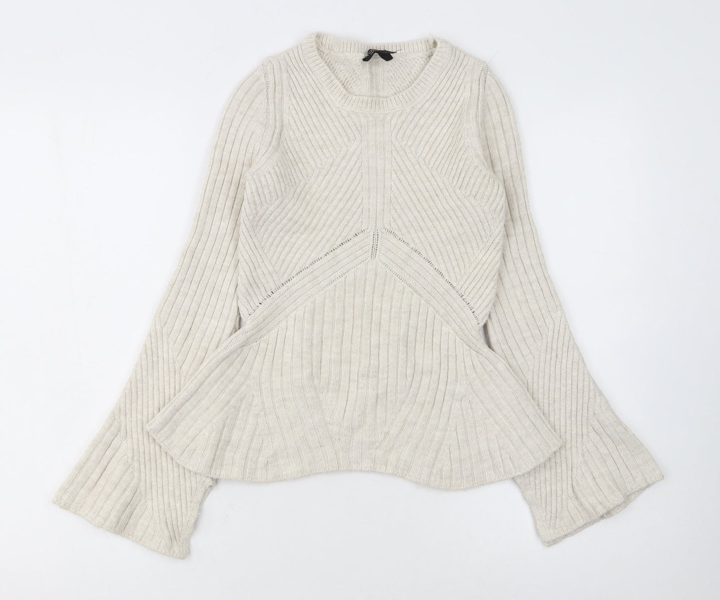 Topshop Women Ivory Ribbed Knit Flared Sleeve Jumper Size 6