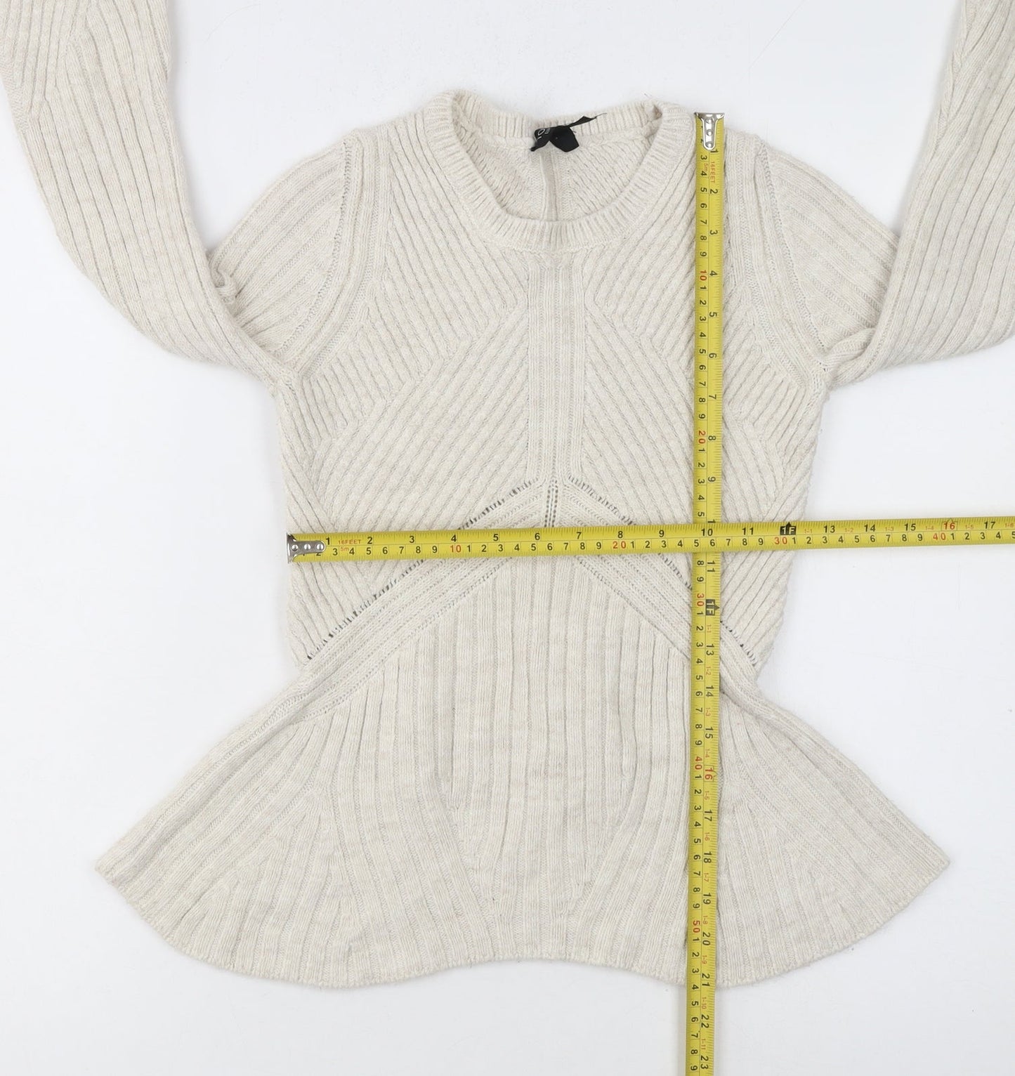 Topshop Women Ivory Ribbed Knit Flared Sleeve Jumper Size 6