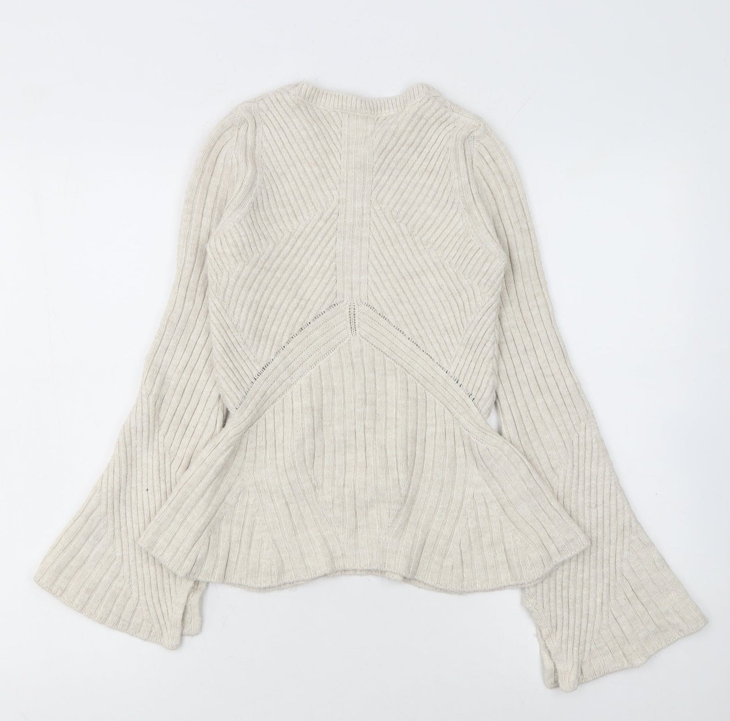 Topshop Women Ivory Ribbed Knit Flared Sleeve Jumper Size 6