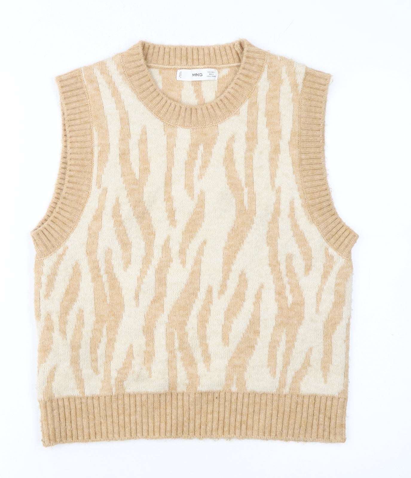 MNG Women’s Beige Animal Print Knit Sleeveless Vest Jumper L